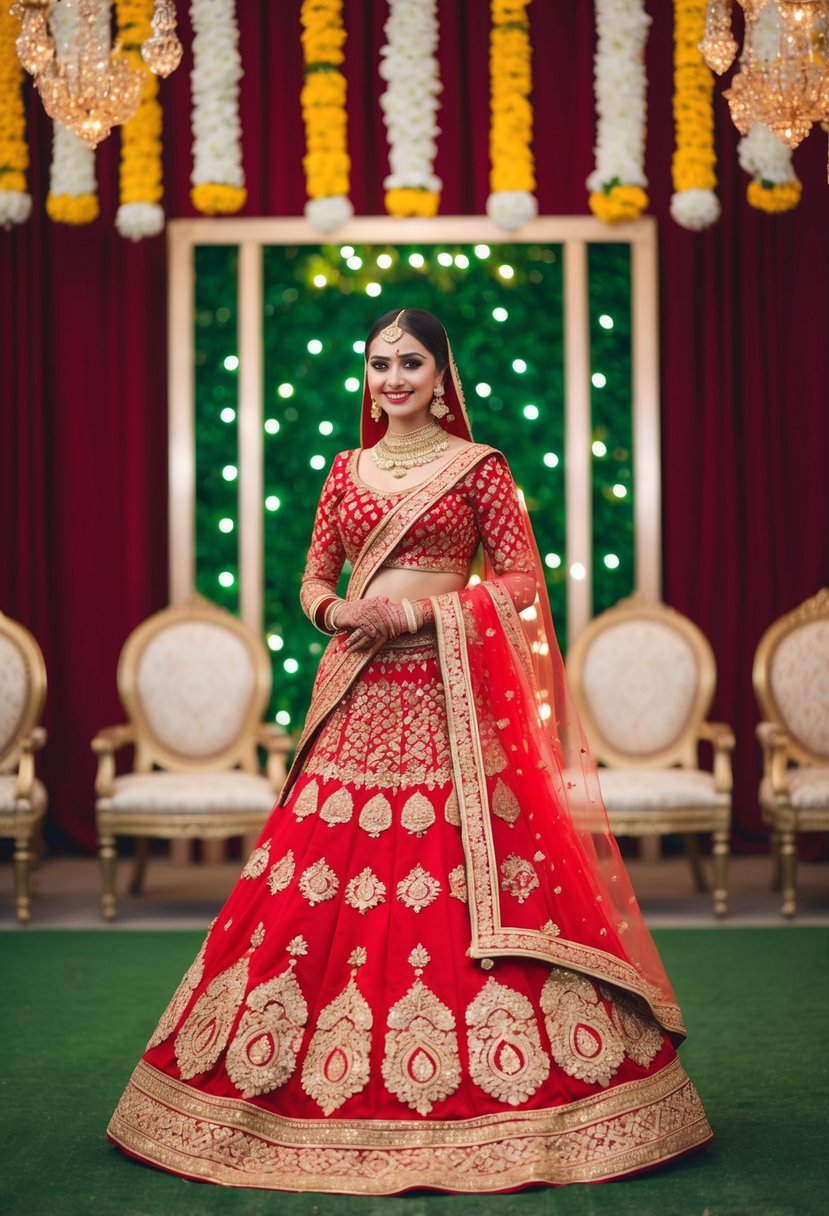 A vibrant red lehenga adorned with intricate gold zardozi embroidery, set against a backdrop of traditional Pakistani wedding decor