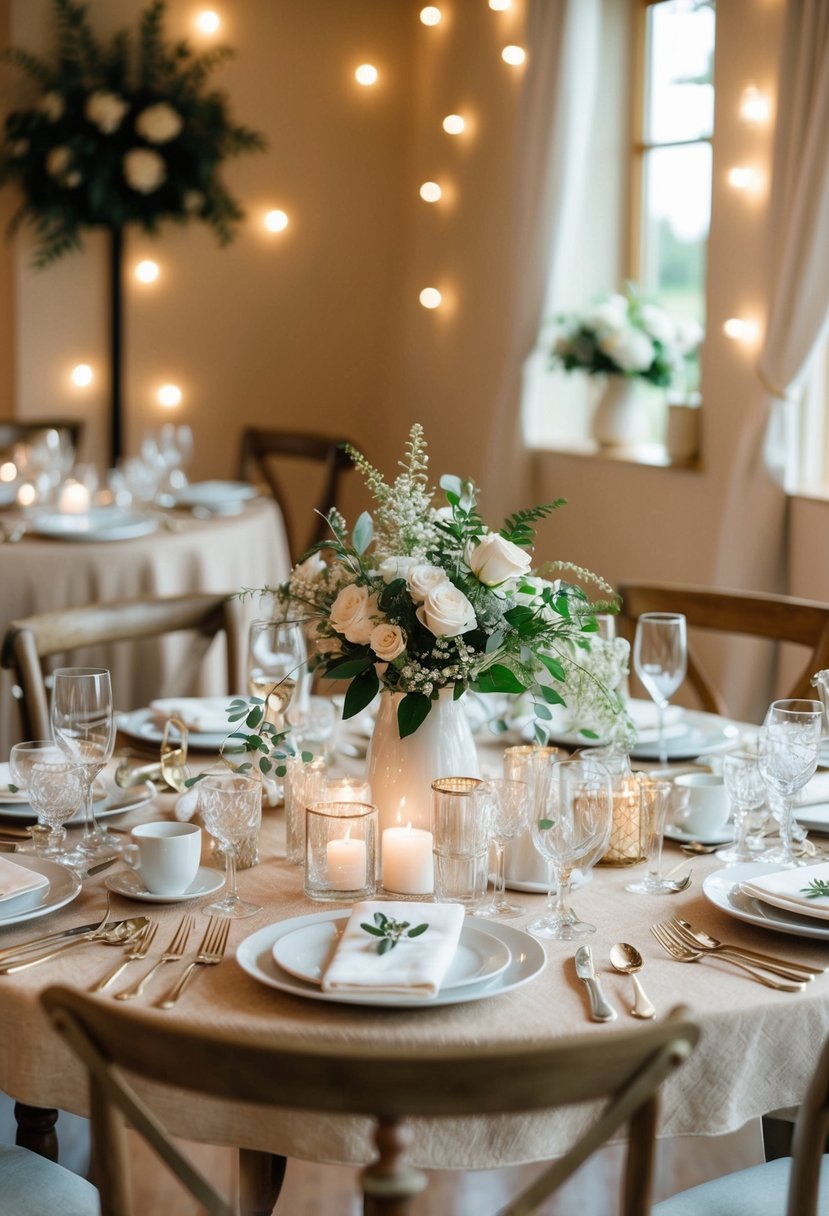 A cozy table set for a small wedding, with carefully selected place settings and elegant decor