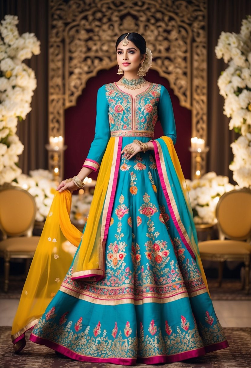 Anarkali dress with intricate floral patterns, flowing fabric, and vibrant colors, set against a backdrop of ornate Pakistani wedding decor