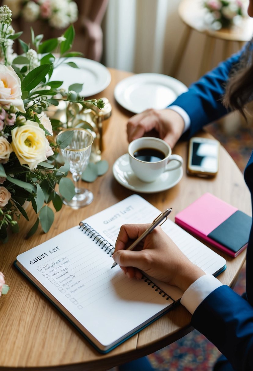 A person drawing a guest list on a cozy table with a cup of coffee and a notebook, surrounded by flowers and wedding decor