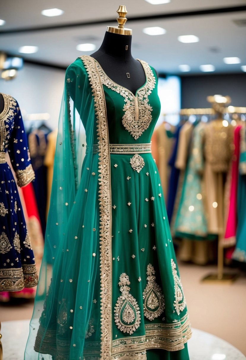 A traditional green gharara with intricate mirror work displayed on a decorative mannequin