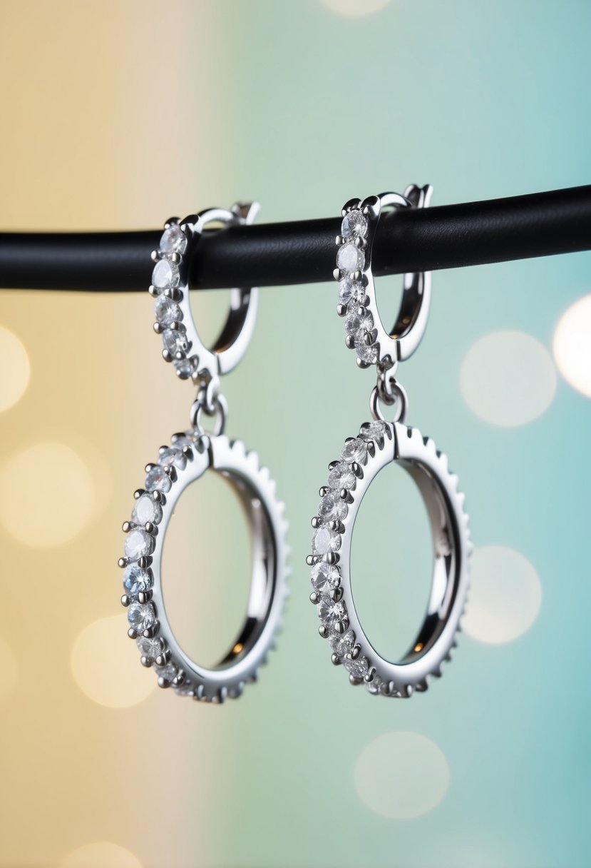 A sparkling zirconia earring suspended from a delicate silver hoop, catching the light against a soft pastel background