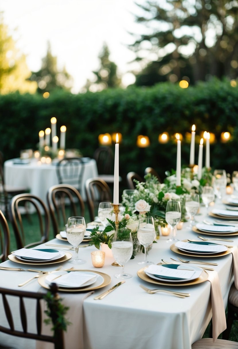 A table with elegant place settings for a small wedding, surrounded by lush greenery and soft candlelight