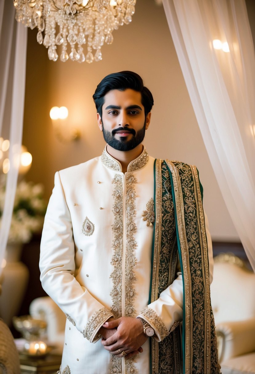 A groom stands in a classic white sherwani, adorned with intricate embroidery and embellishments, as he prepares for his Pakistani wedding ceremony