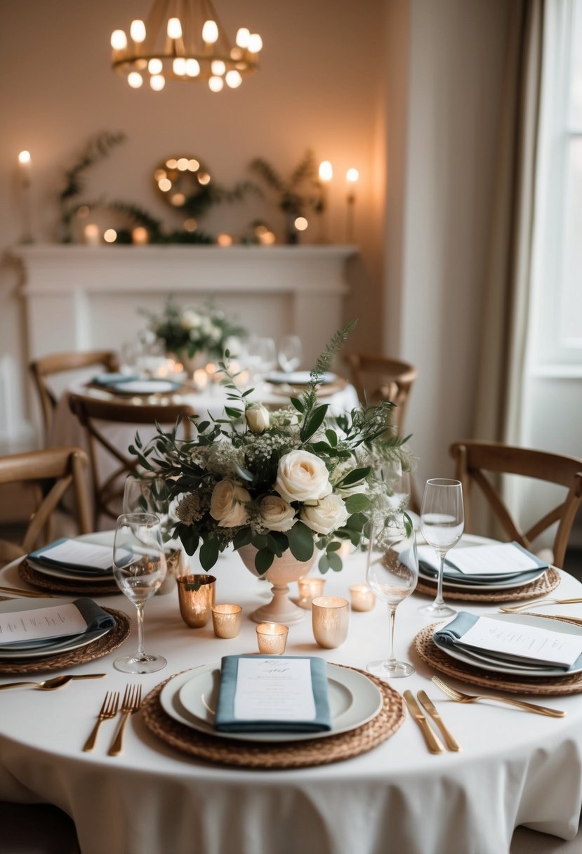 A cozy table set for an intimate wedding, with carefully arranged place settings and elegant decor