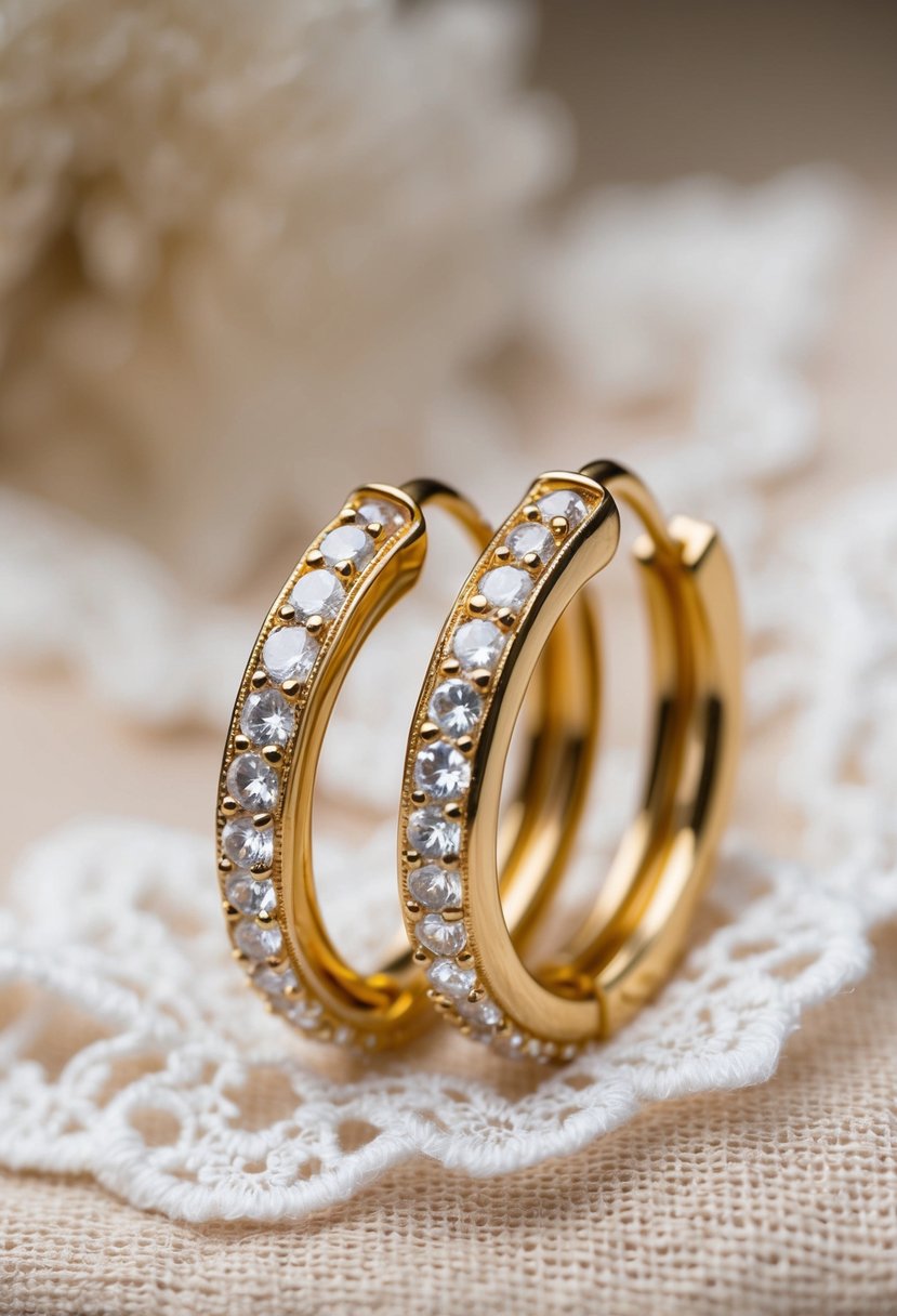 A close-up of vintage-inspired hoop earrings with sparkling zirconia stones, arranged on a delicate lace fabric background