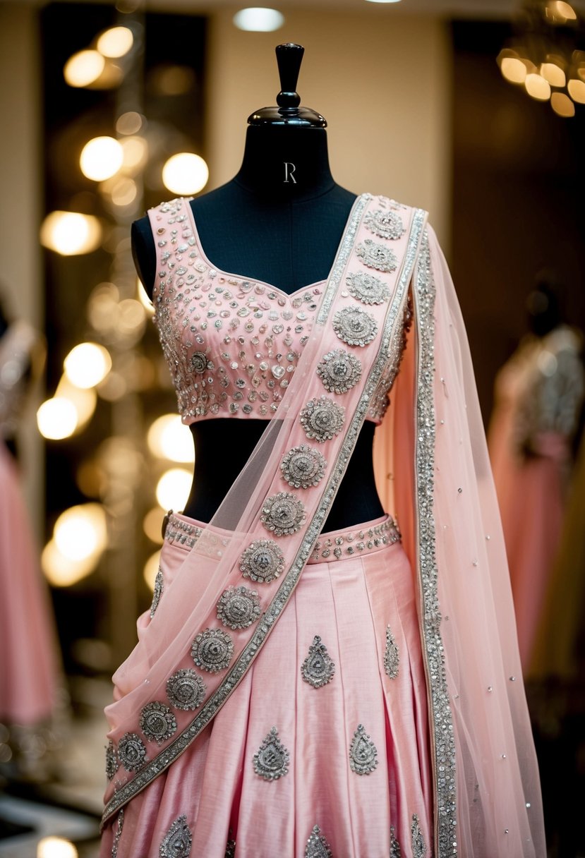 A pastel pink sharara with silver embellishments displayed on a mannequin