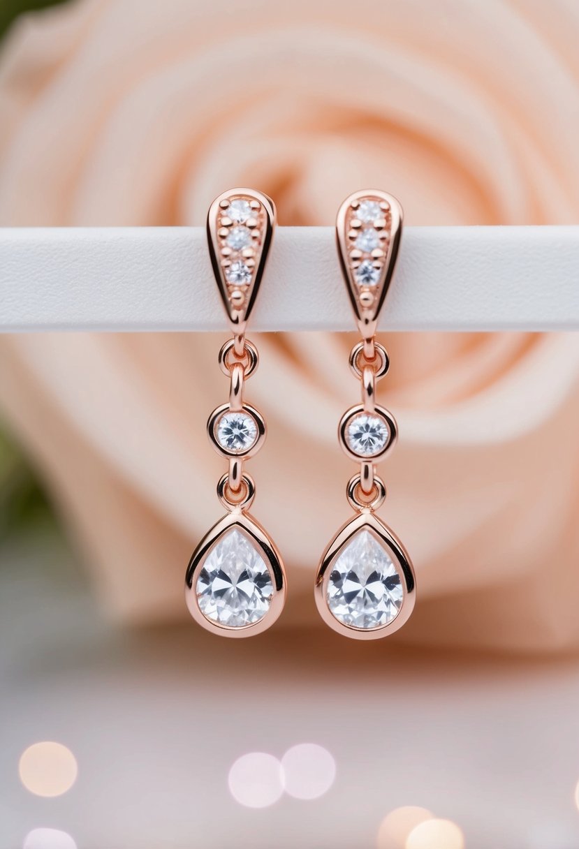 A close-up of delicate rose gold dangler earrings adorned with sparkling zirconia, set against a soft, romantic background