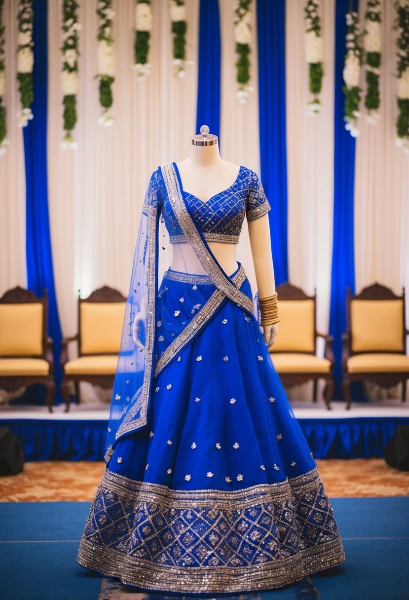 A royal blue lehenga adorned with intricate sequins, draped elegantly on a mannequin, set against a backdrop of traditional Pakistani wedding decor