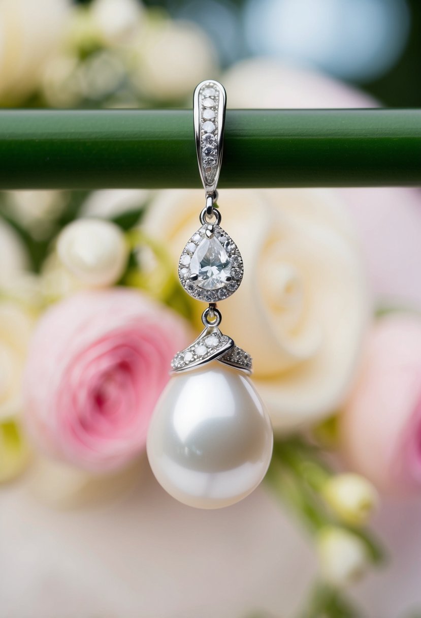 A delicate teardrop earring design featuring a lustrous pearl and shimmering zirconia stones, set against a romantic wedding backdrop