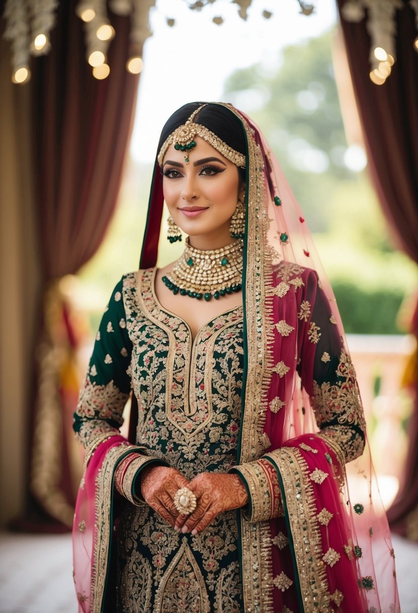 A bridal kalidar adorned with intricate details, featuring rich colors and luxurious fabrics, creating a stunning and regal Pakistani wedding dress