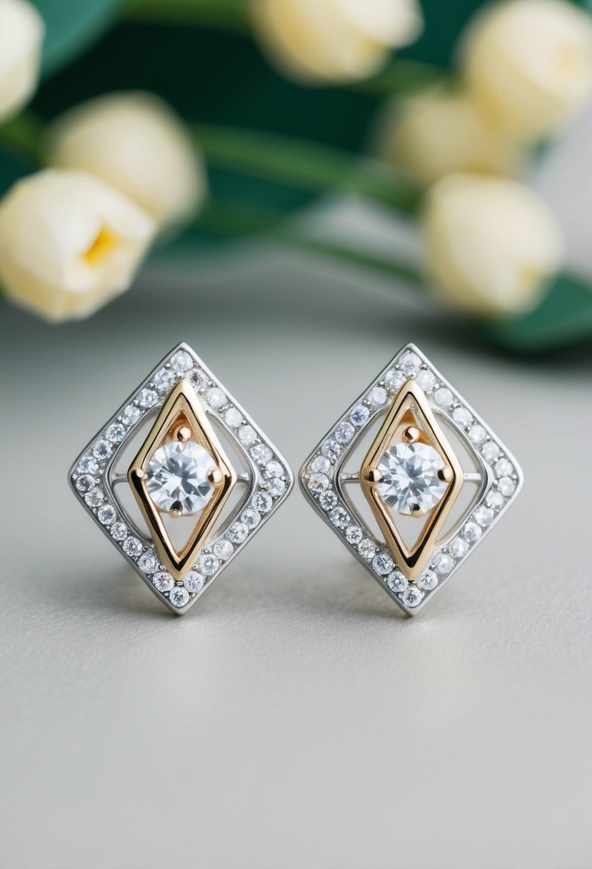 An elegant, geometric Art Deco styled earring design with sparkling zirconia studs