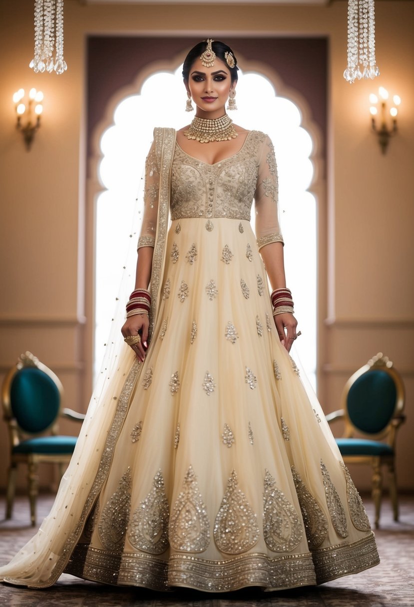 An ivory Anarkali dress adorned with delicate Swarovski crystals, cascading gracefully in a Pakistani wedding setting