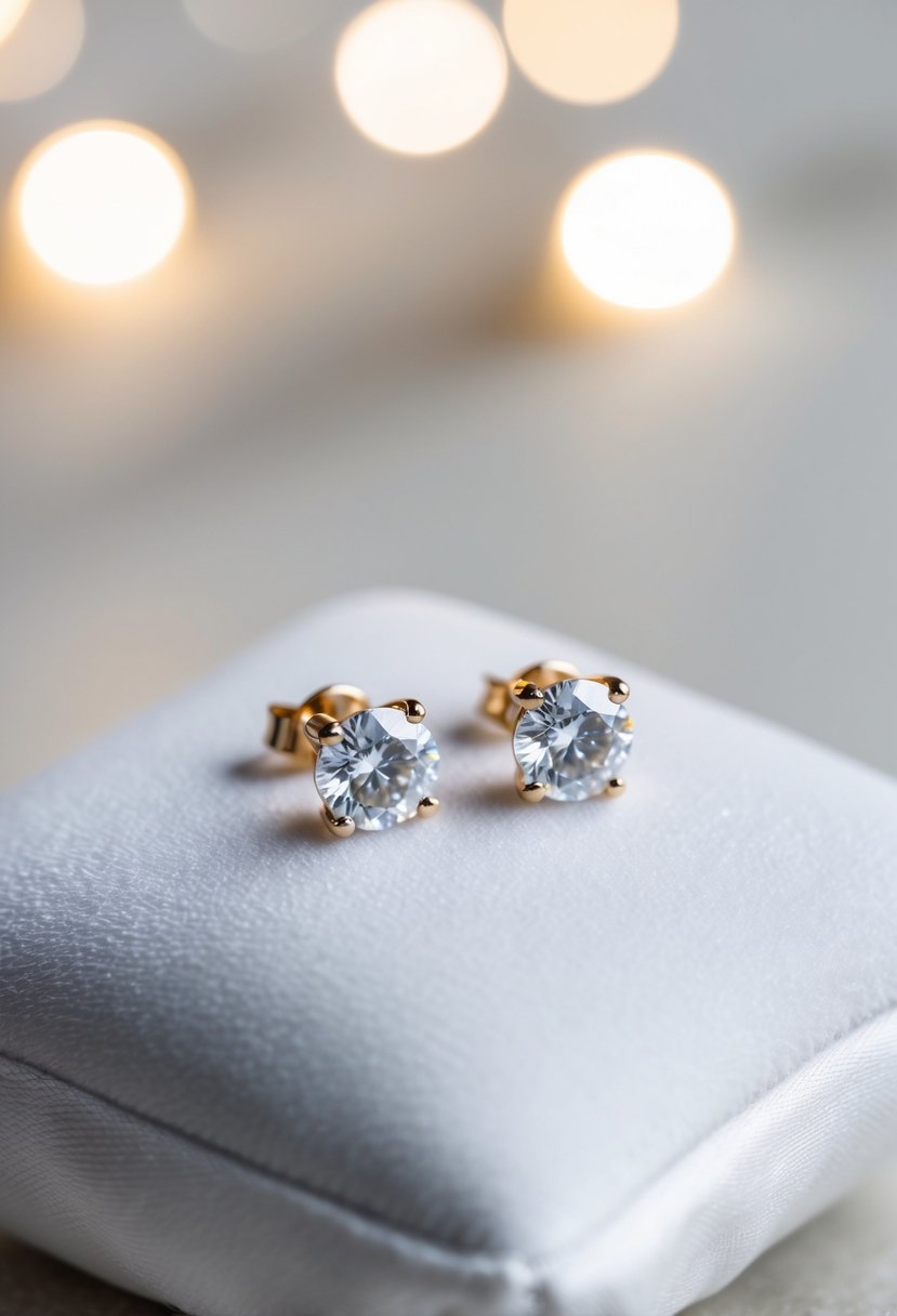 A pair of minimalist zirconia studs arranged on a white velvet cushion, with soft lighting to highlight their sparkle