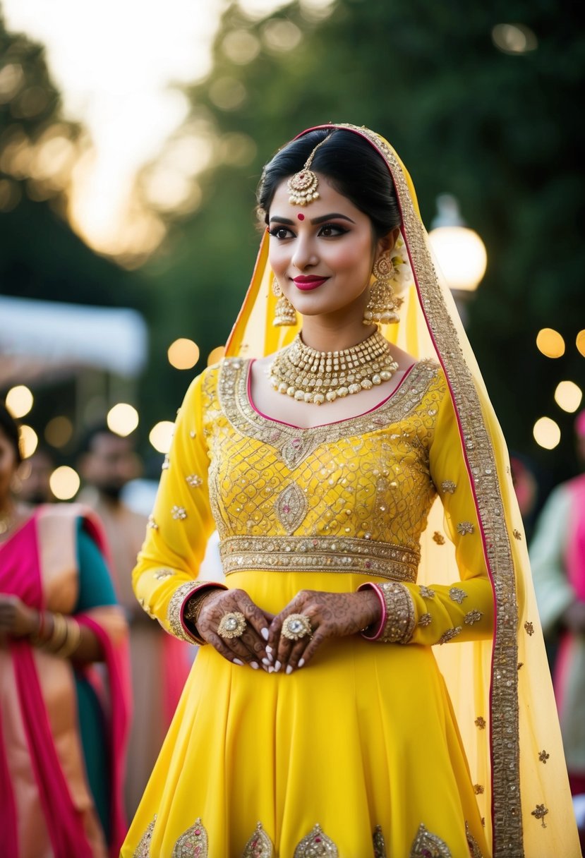 A vibrant yellow kameez adorned with intricate gota work, shimmering under the wedding lights