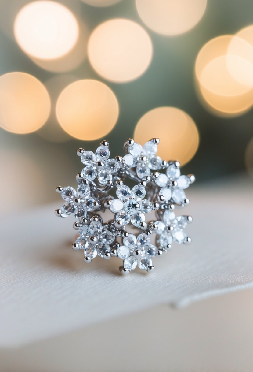 A delicate cluster of zirconia floral earrings, shimmering in the soft light of a wedding reception