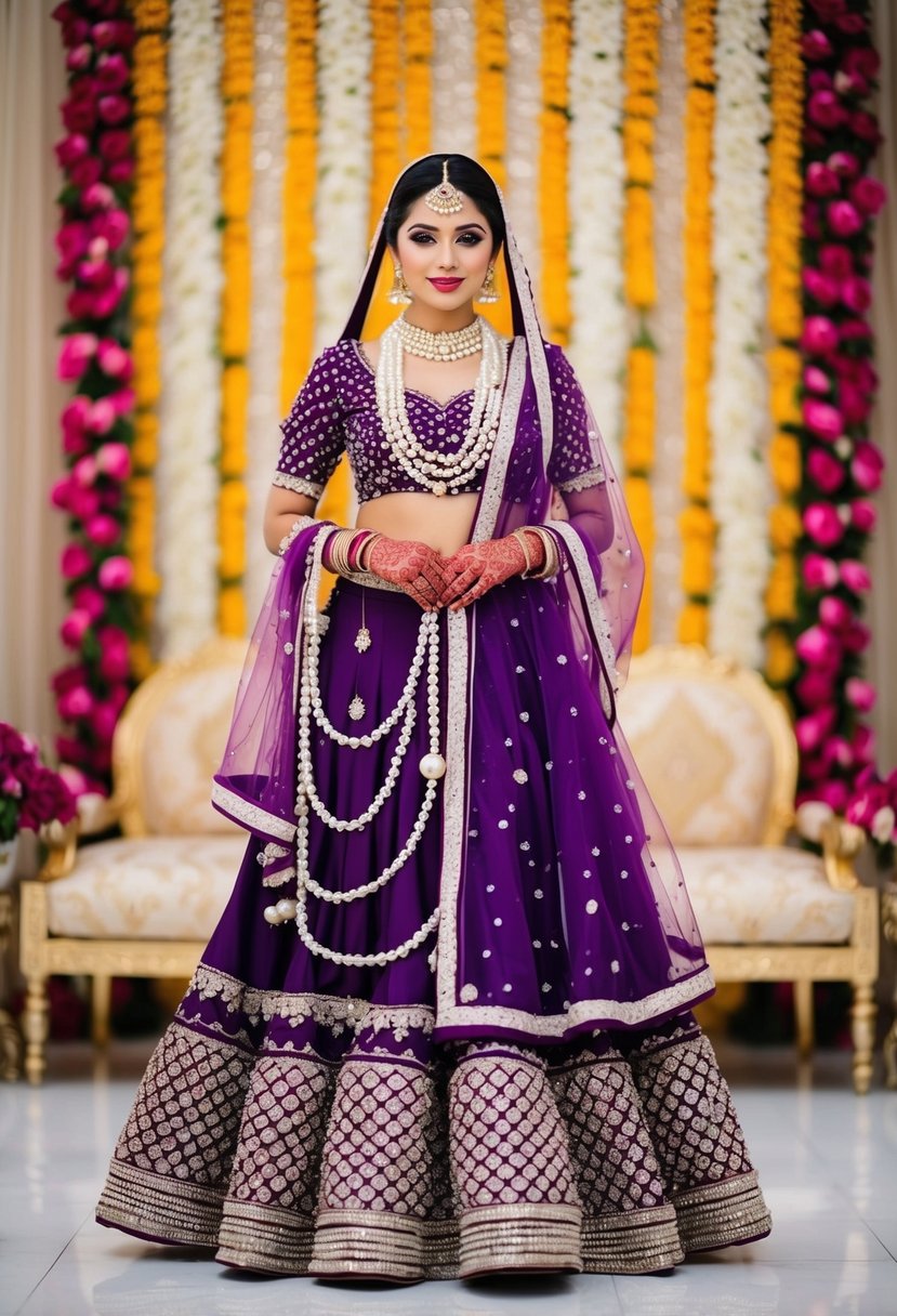 A rich purple gharara adorned with pearls, set against a backdrop of intricate henna designs and traditional Pakistani wedding decor