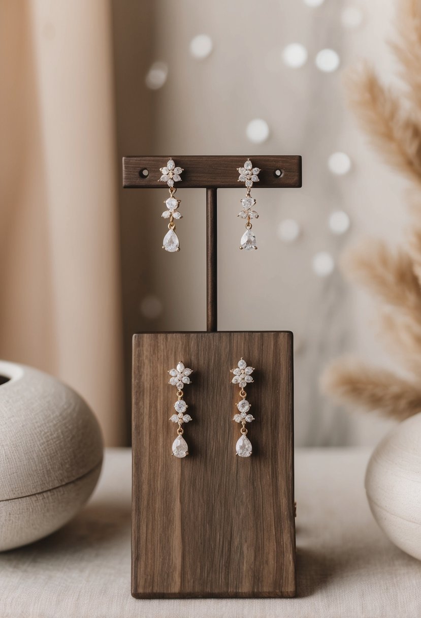 A rustic wooden jewelry display adorned with bohemian chic dangle earrings featuring sparkling zirconia stones, set against a backdrop of soft, neutral colors