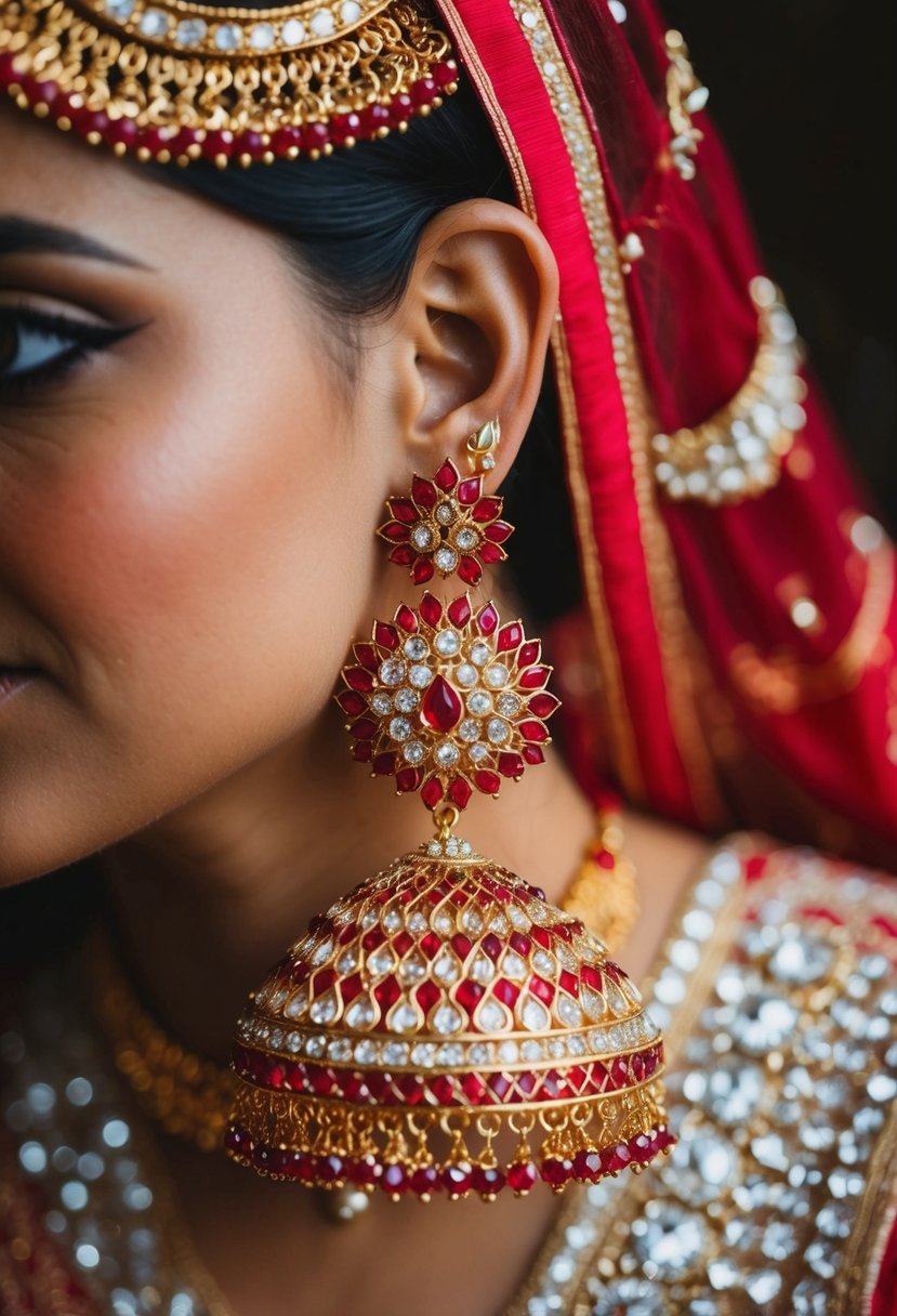 Vibrant red Indian wedding earrings with intricate gold details and sparkling gemstones