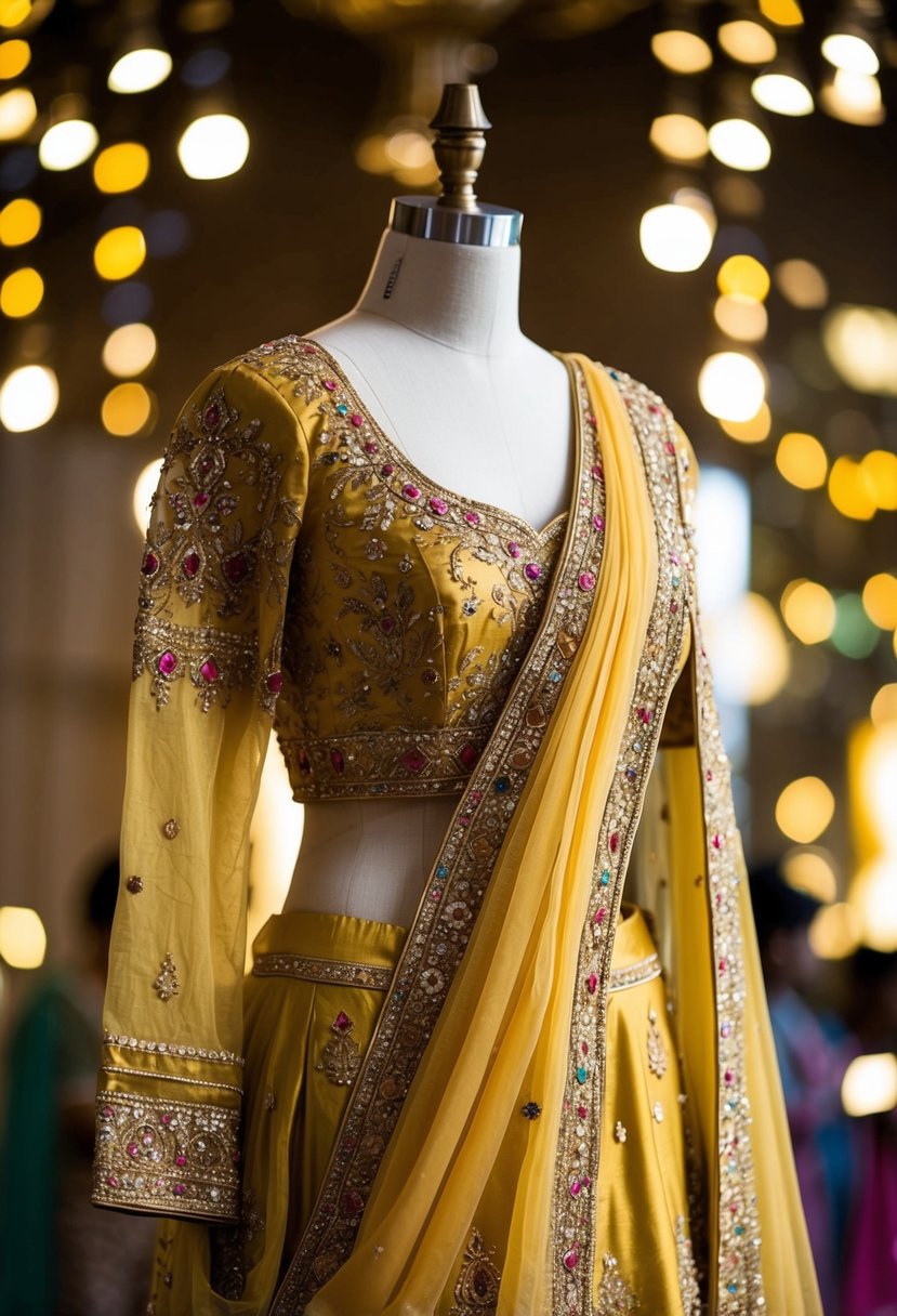 A golden sharara with intricate embroidery, draped over a mannequin. Rich, vibrant colors and ornate details