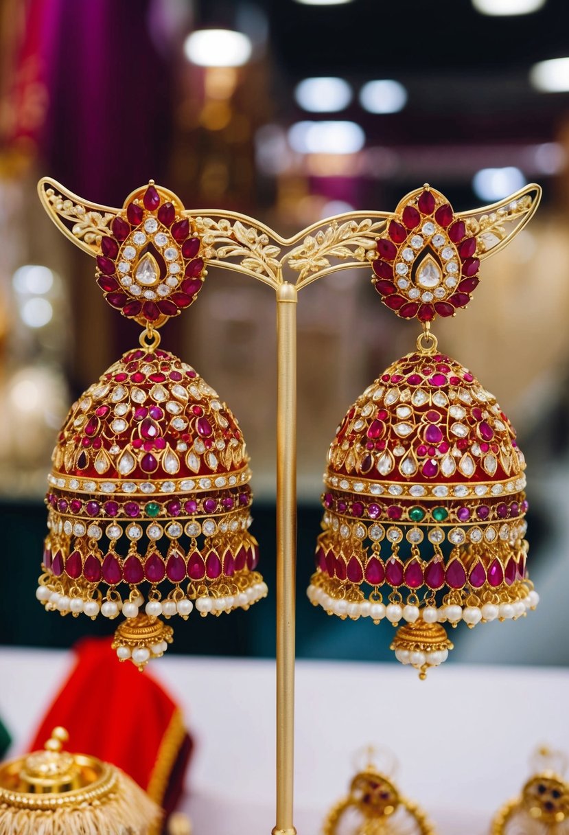 A pair of intricate red Kundan Jhumka earrings, adorned with delicate gold details, hanging from a display stand at an Indian wedding jewelry boutique