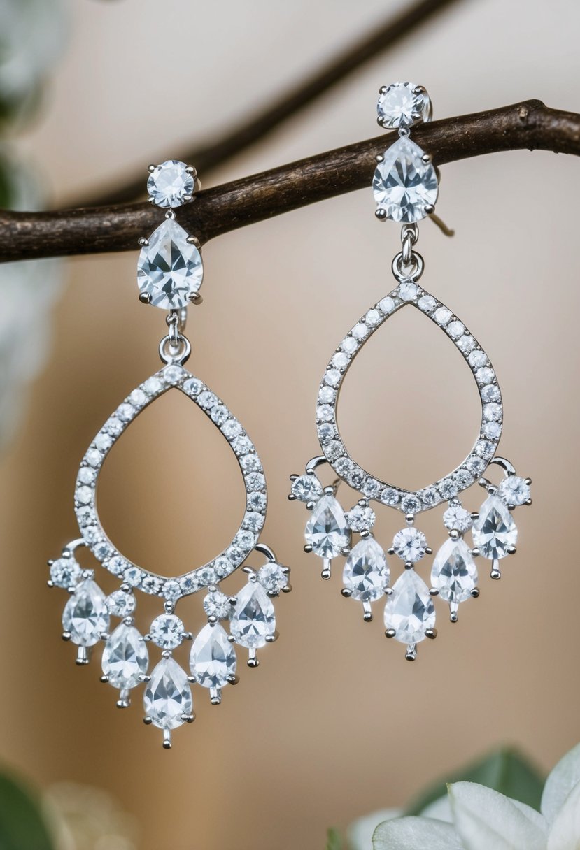 A pair of elegant chandelier earrings adorned with sparkling zirconia, perfect for a wedding ensemble