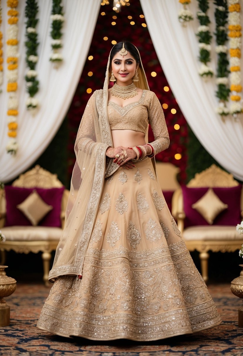 A beige Lehenga adorned with intricate Zari embroidery, set against a backdrop of traditional Pakistani wedding decor