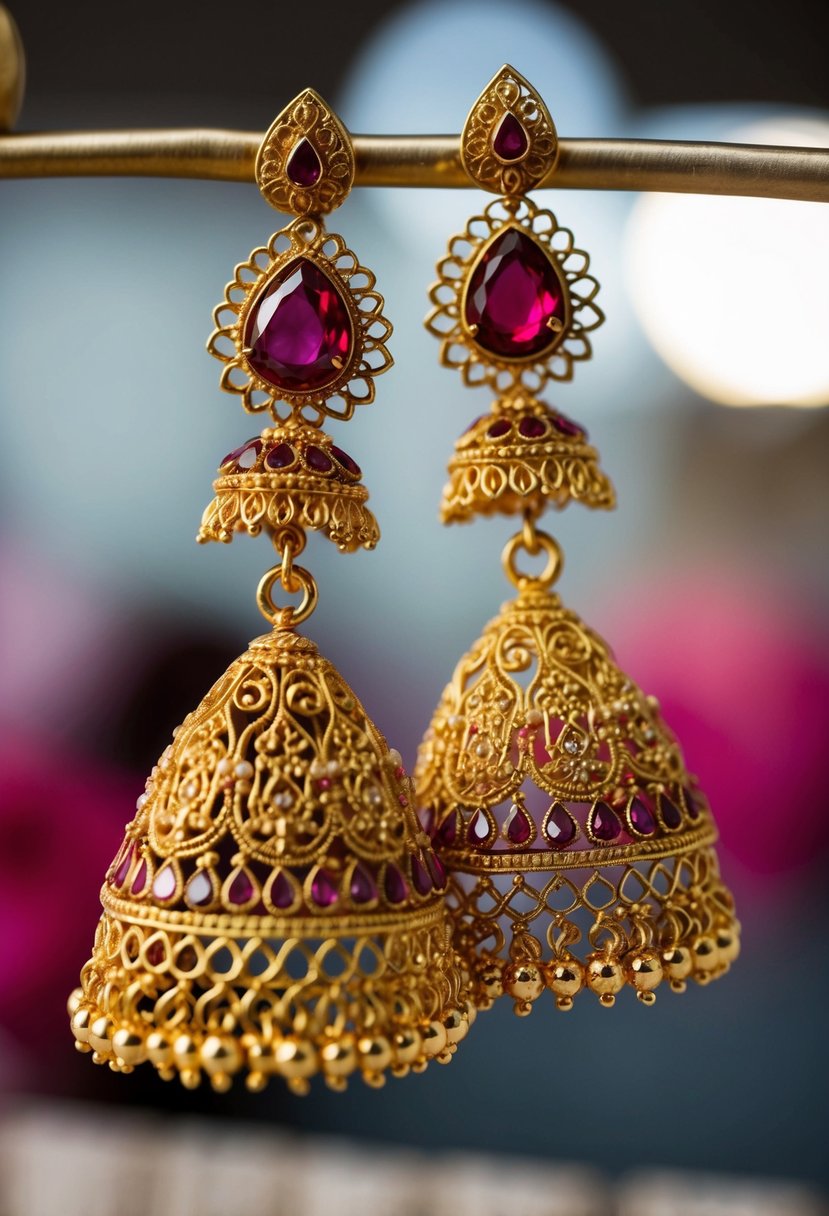 Gold Chandbali earrings with intricate red gemstones and delicate filigree details