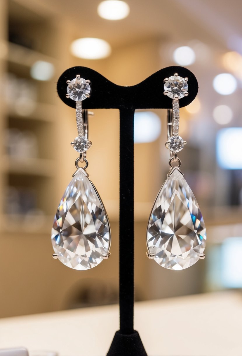 A pair of teardrop-shaped zirconia earrings, featuring a classic and elegant design, hanging from a display stand in a softly lit jewelry store