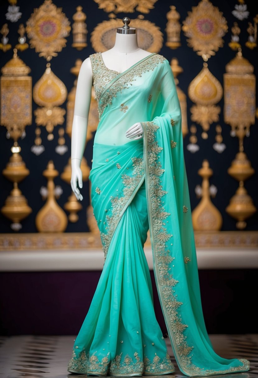 A mint green saree with a modern twist, adorned with intricate embroidery and delicate embellishments, drapes elegantly over a mannequin, set against a backdrop of traditional Pakistani wedding motifs