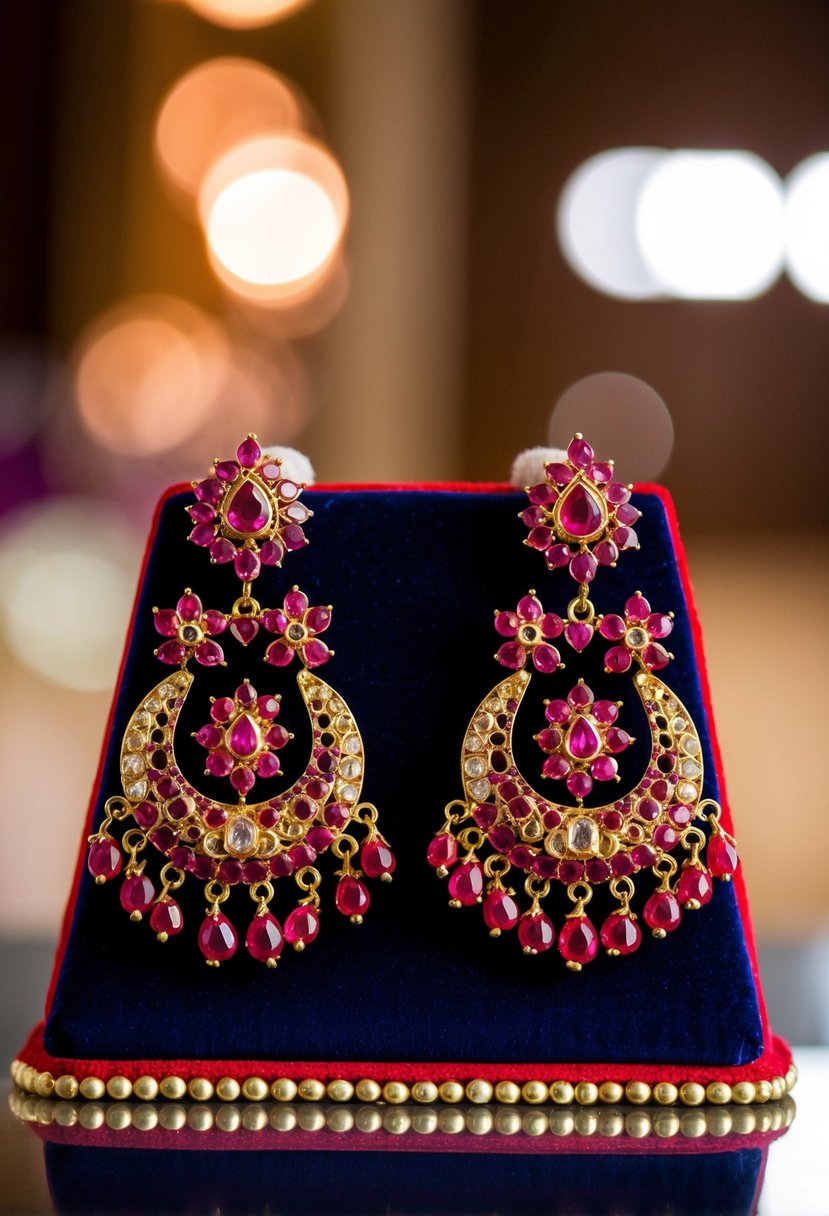 A pair of ruby-studded Indian wedding earrings, featuring intricate designs and vibrant red gemstones, displayed on a velvet cushion