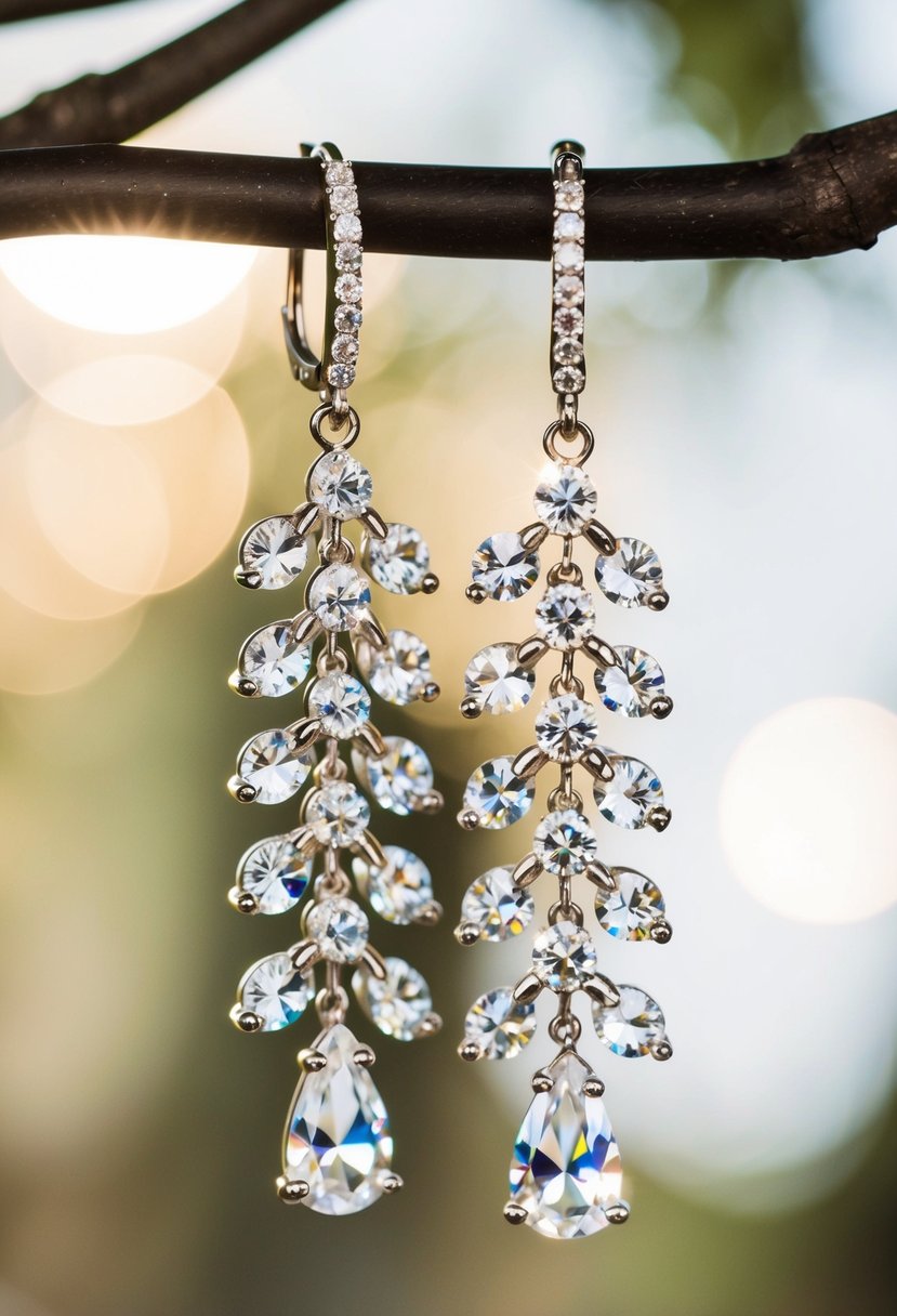 Sparkling crystal clusters dangle from zirconia wedding earrings, catching the light in a romantic setting