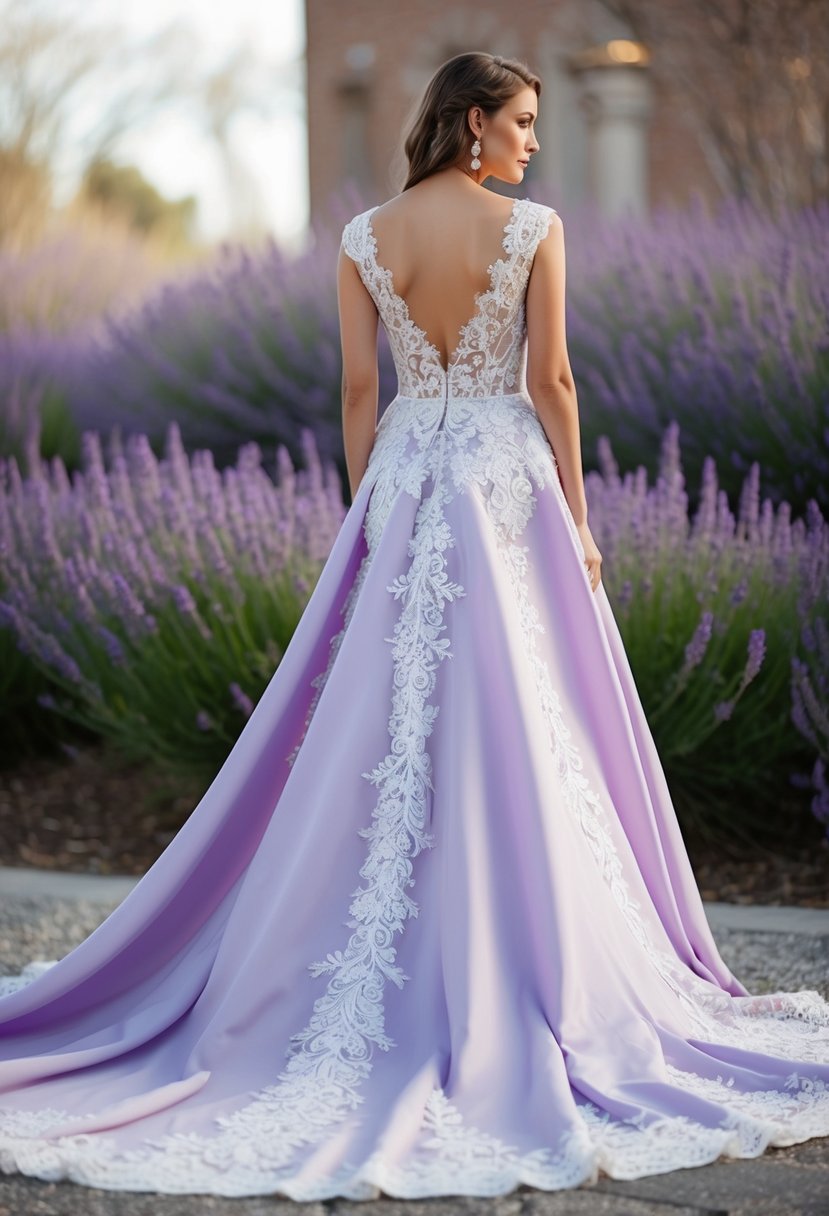 A lavender bridal maxi with intricate lace details cascading down the flowing skirt