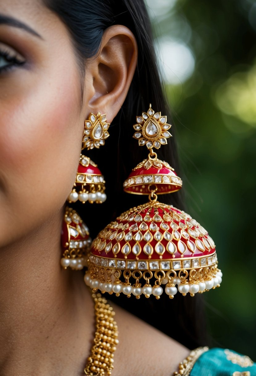 A pair of traditional red Jhumkas with intricate pearl detailing, showcasing Indian wedding earring ideas