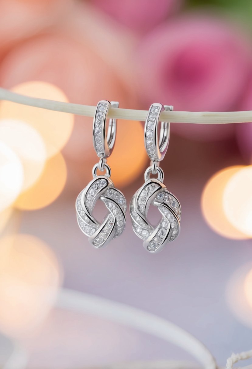 A close-up of sparkling infinity knot drop earrings with zirconia stones, set against a soft, romantic background