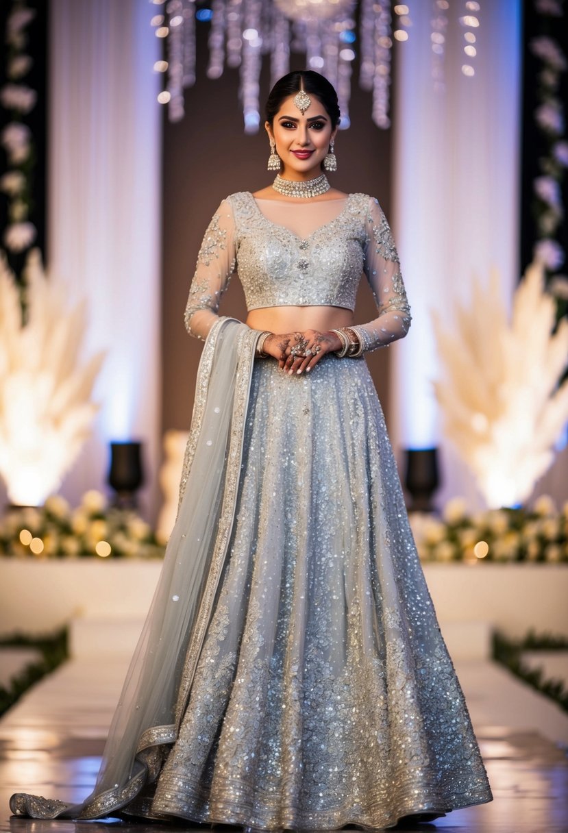 A glittering silver anarkali dress, adorned with intricate embroidery and shimmering sequins, cascading gracefully in a grand wedding reception setting