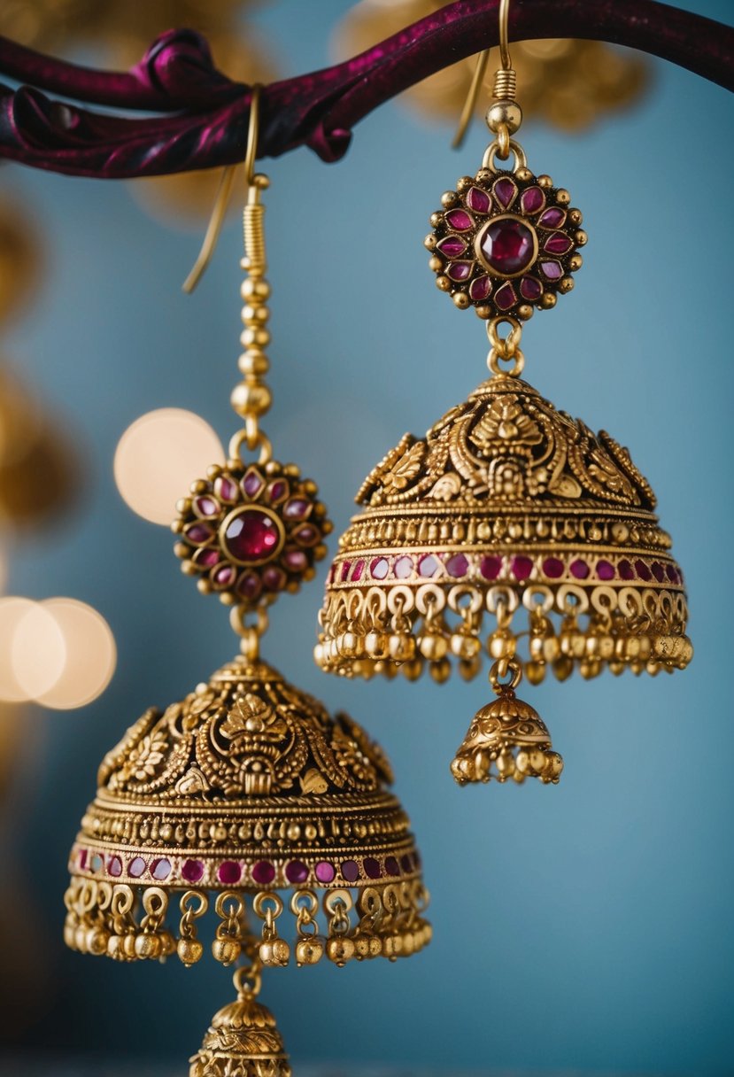 A pair of antique gold danglers with intricate Indian wedding designs, featuring rich red accents and ornate details