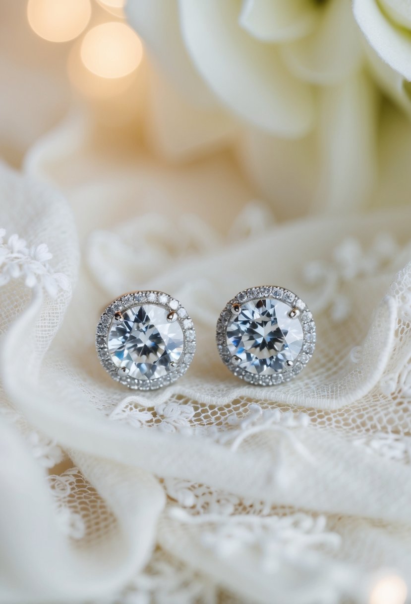 A close-up of elegant zirconia wedding earrings, surrounded by soft lighting and delicate lace fabric