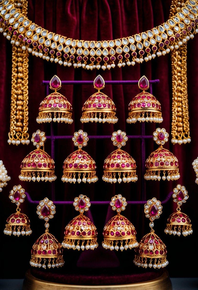 A vibrant display of red and gold Polki and Ruby drop earrings arranged on a luxurious velvet backdrop, evoking the opulence of an Indian wedding