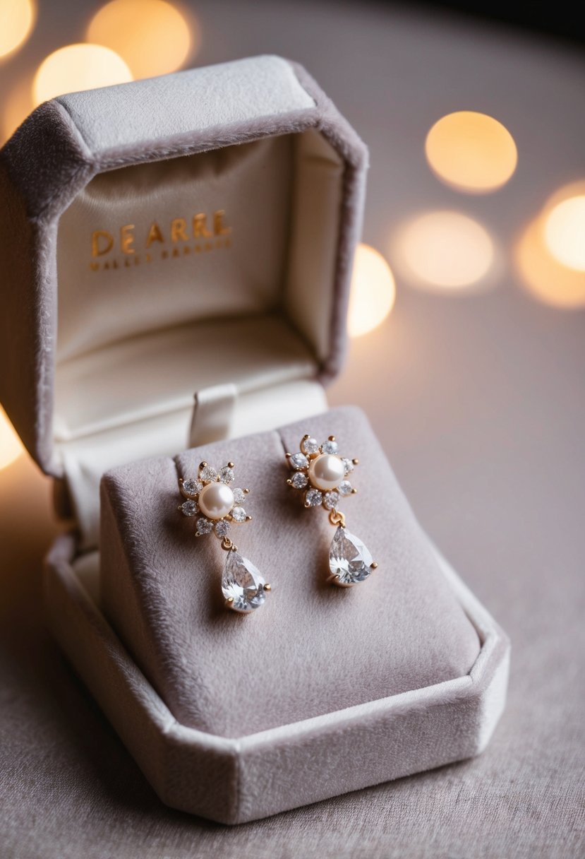 A delicate pearl and zirconia earring set displayed on a velvet cushion under soft, warm lighting