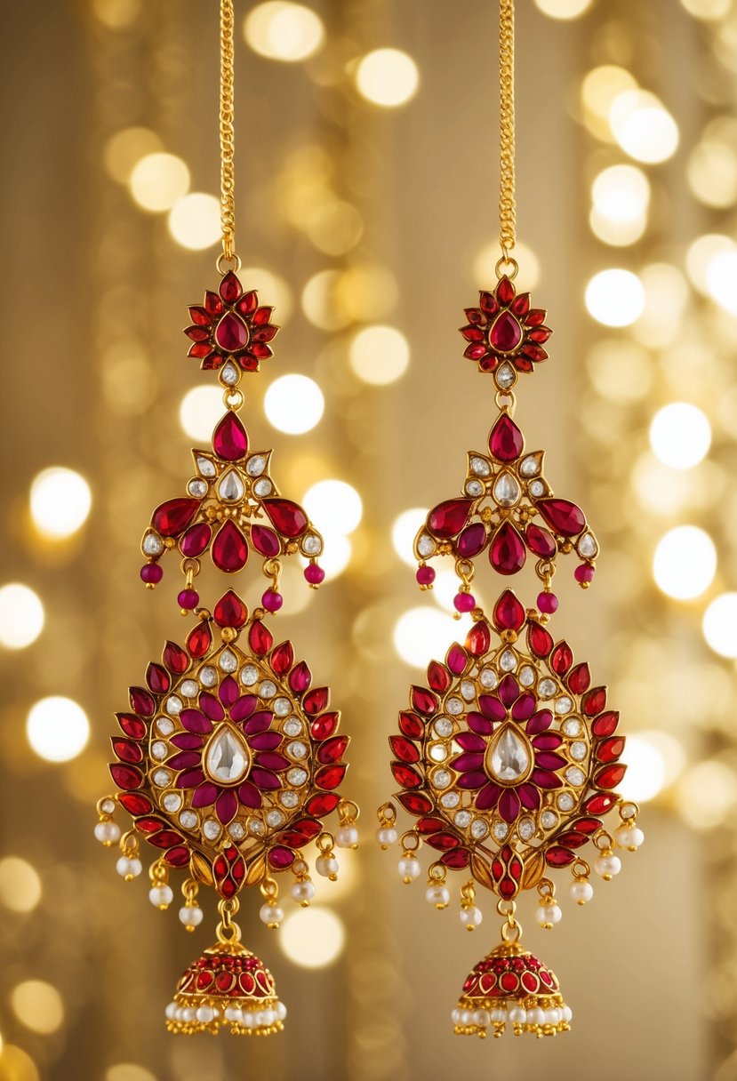 A pair of intricately designed red Kundan and Meenakari danglers, inspired by Indian wedding jewelry, hanging elegantly against a golden backdrop