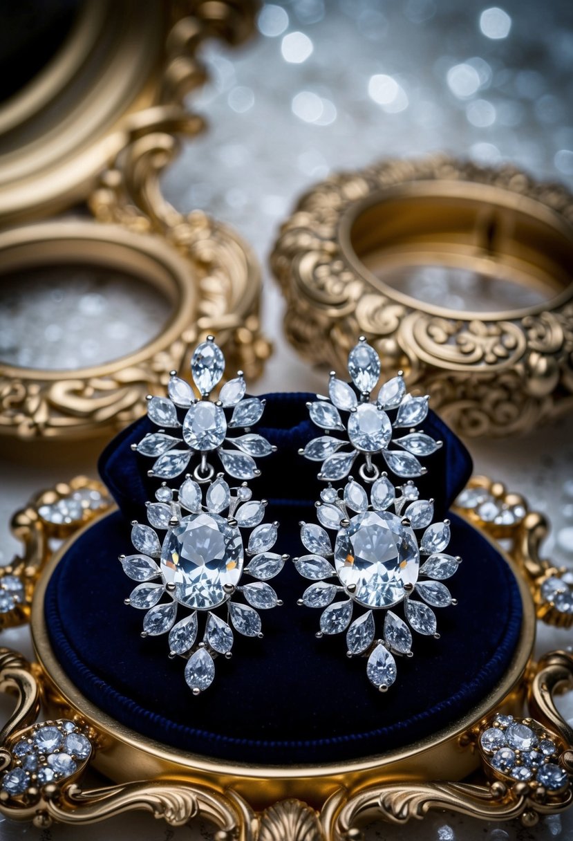 A pair of elaborate Baroque-style zirconia wedding earrings displayed on a luxurious velvet cushion, surrounded by ornate gold and silver accents