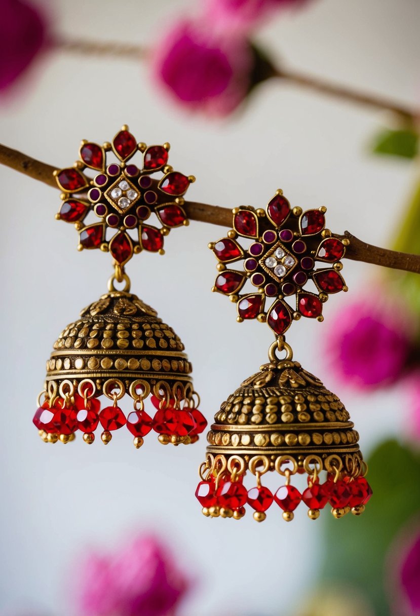 A pair of ethnic Chandbali earrings adorned with red crystals, inspired by Indian wedding traditions