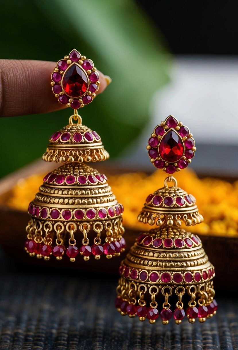 A pair of ornate red gemstone earrings inspired by Indian temple architecture, featuring intricate details and a vibrant color palette