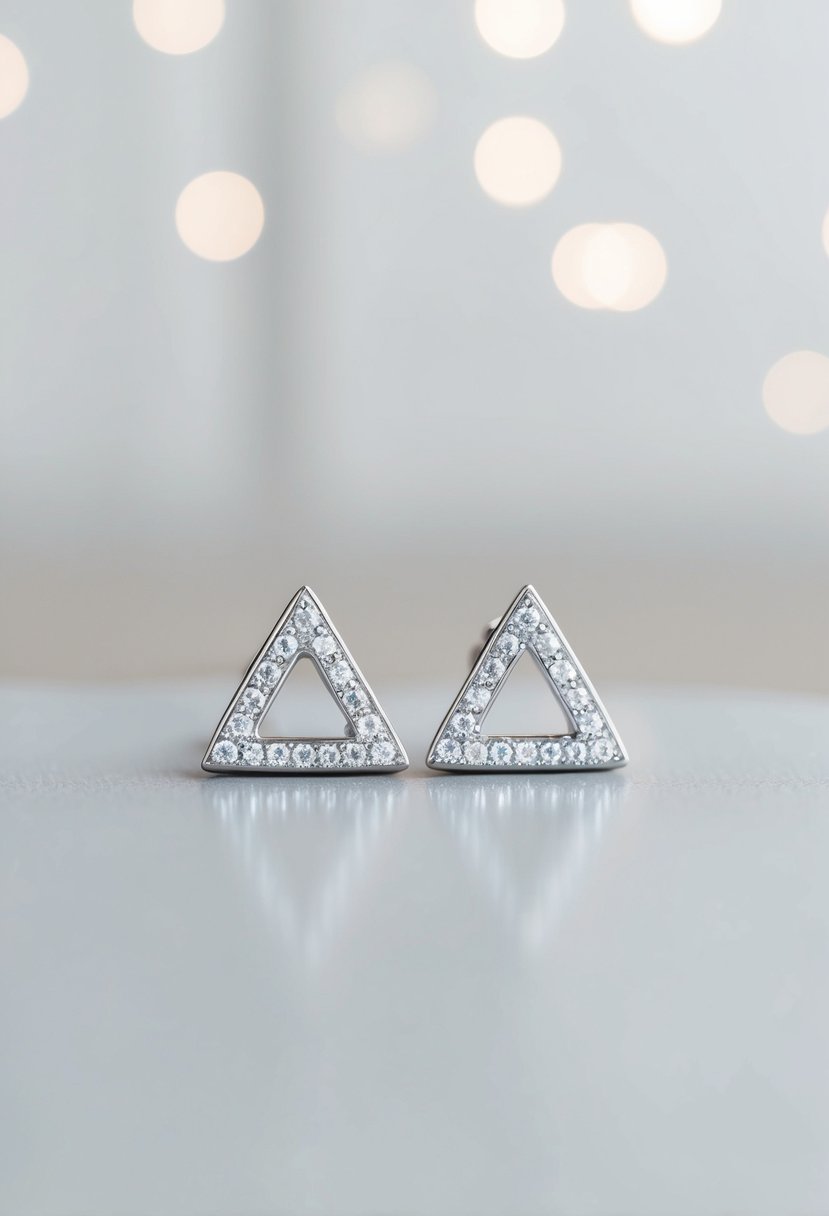 A pair of modern geometric earrings with sparkling zirconia stones, set against a minimalist backdrop