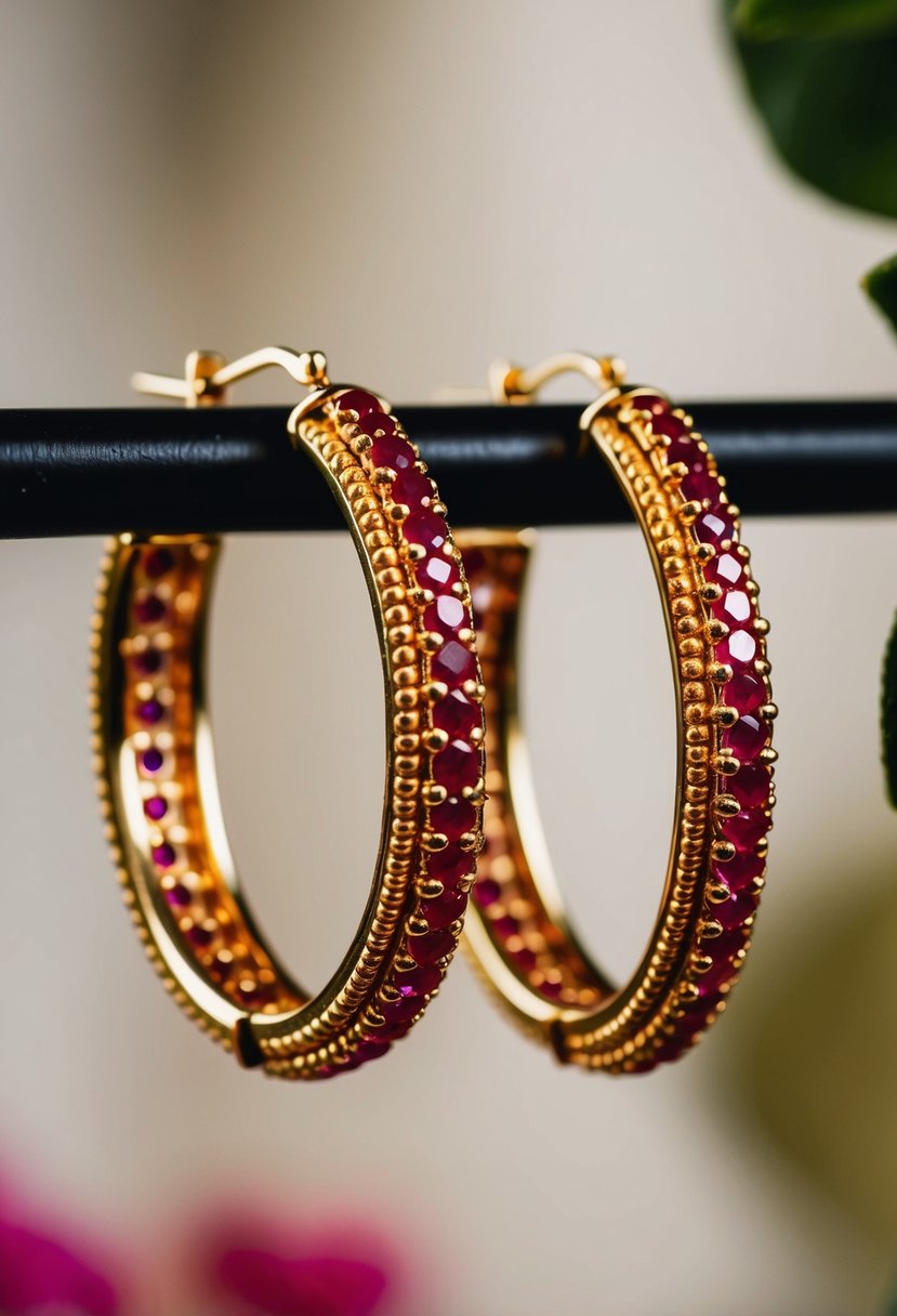 A pair of classic gold hoop earrings with vibrant red stones, reminiscent of traditional Indian wedding jewelry