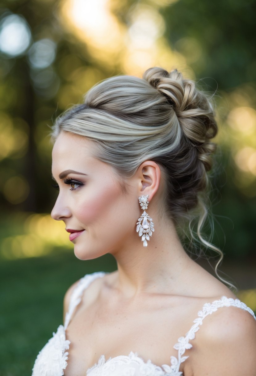 A bride with her hair pulled up, wearing elegant wedding earrings