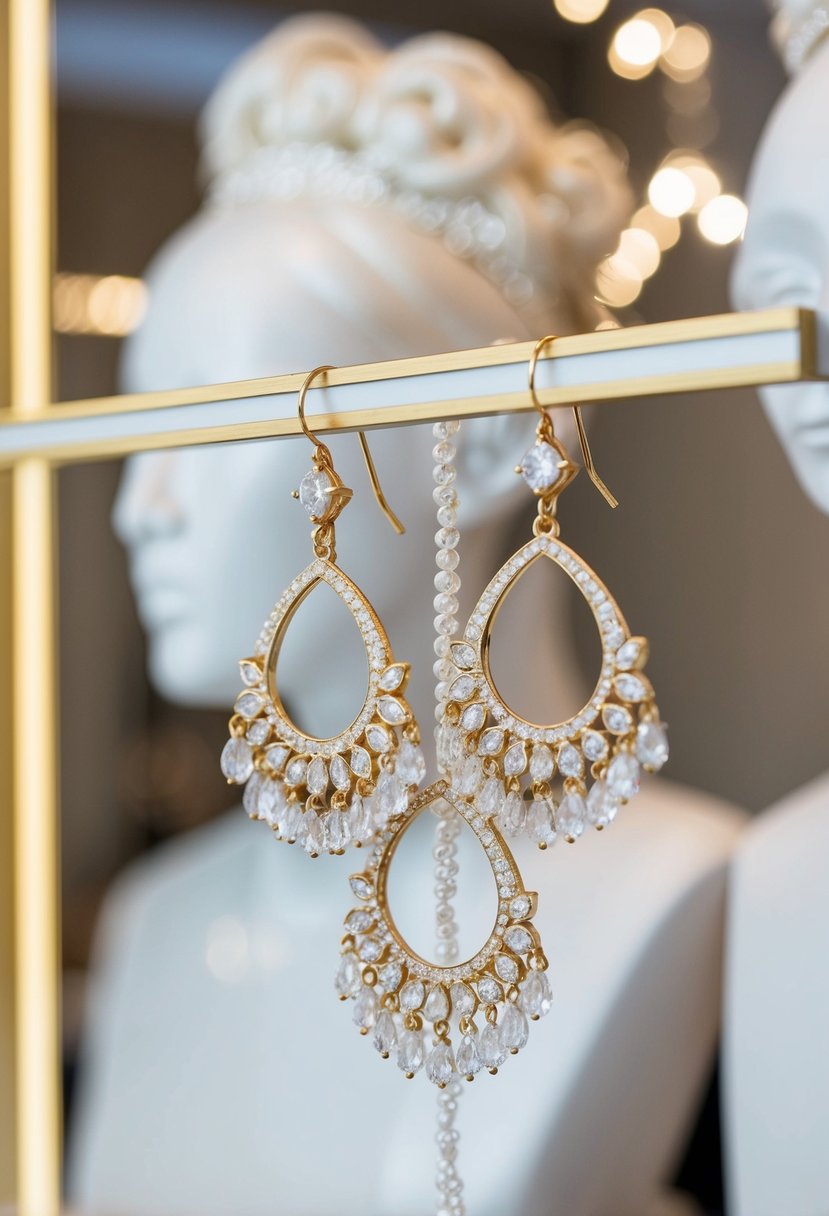 A close-up of chandelier earrings dangling from a display, with a background of elegant wedding hair up styles