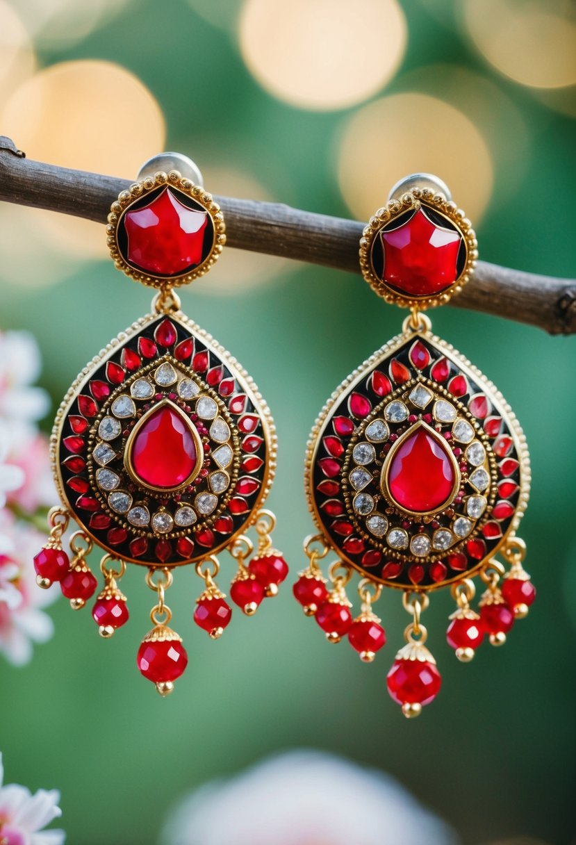 A pair of elegant red drop earrings with intricate Indian wedding-inspired designs