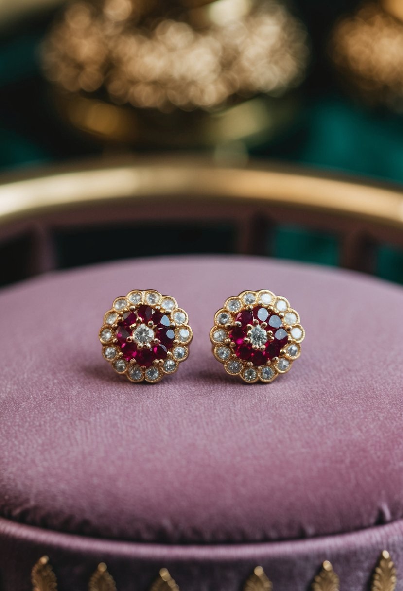 A close-up of vintage-style ruby studs on a velvet background, with intricate Indian wedding motifs